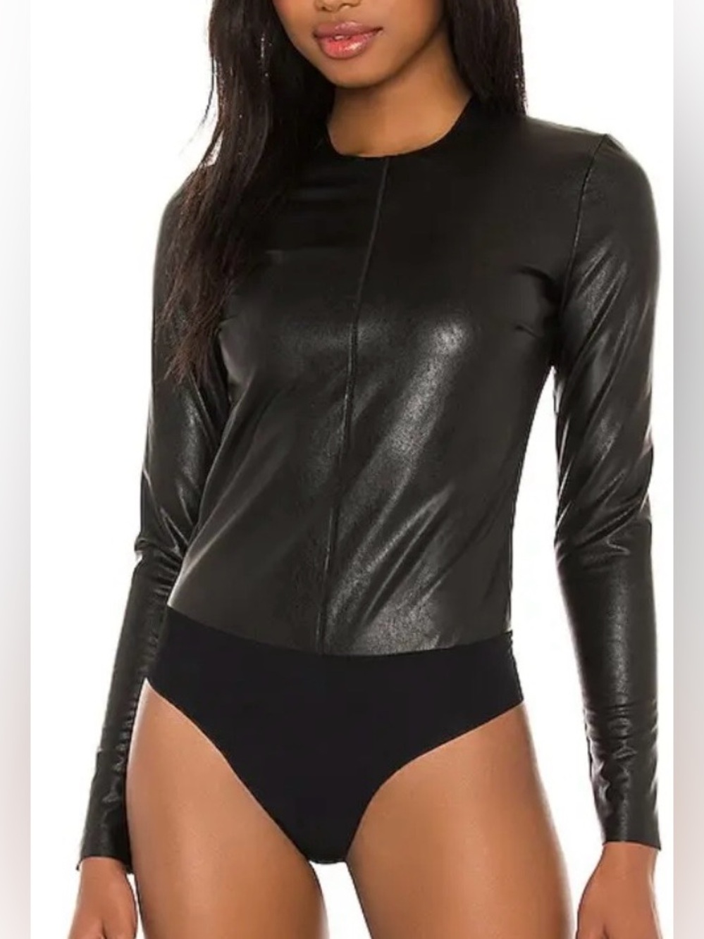Commando faux leather black crew neck bodysuit snug fit size large EUC
